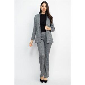 Black/ White Hip Length Houndstooth Notch Seamed Blazer For Women